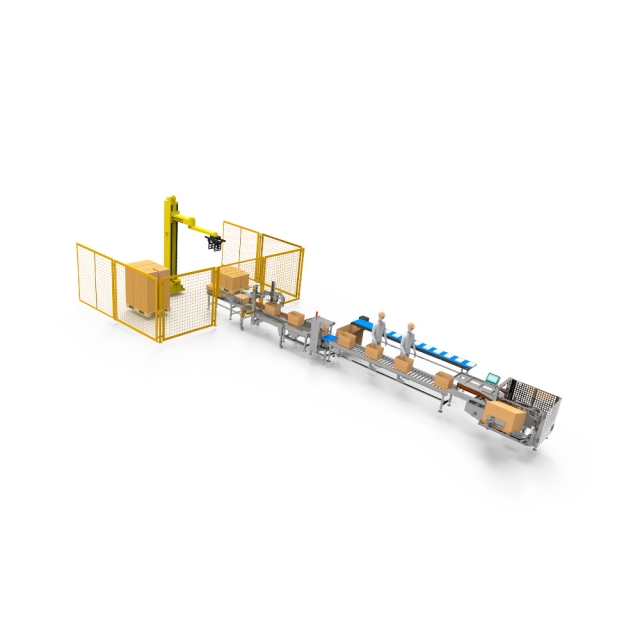 Semi automatic unpacking and palletizing line